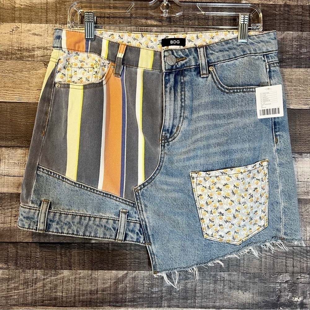 NWT Urban Outfitters UO BDG Asymmetrical Denim Raw Hem Patchwork Mini Skirt